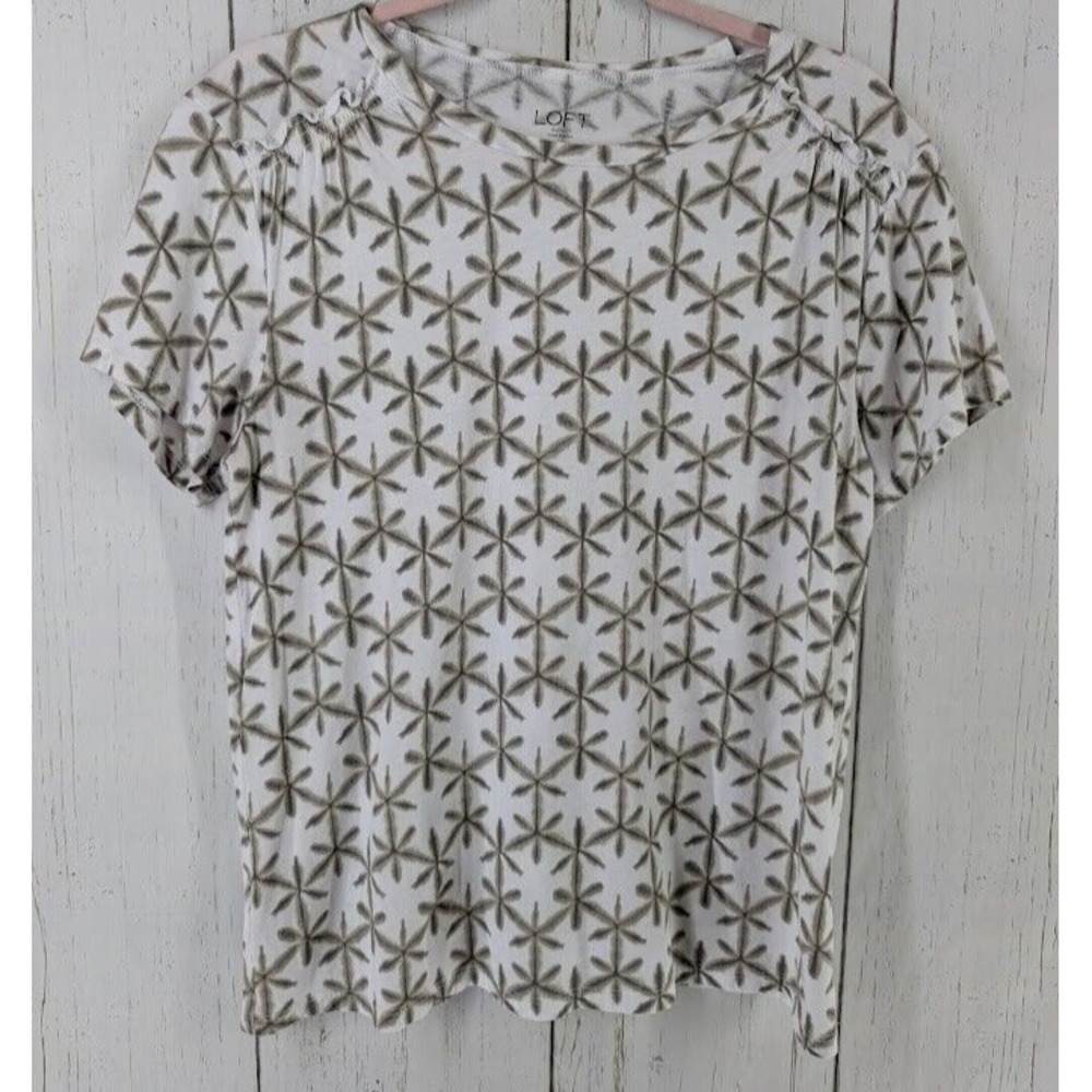 Loft Outlet Size Large White Green Womens‎ Dragonfly Pattern Short Sleeve Blouse